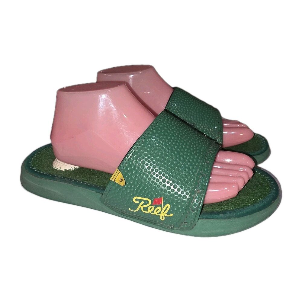 REEF MULLIGAN Sz 9 Green Turf Grass Golf Ball Heel Slide On Sporty Logo Sandals